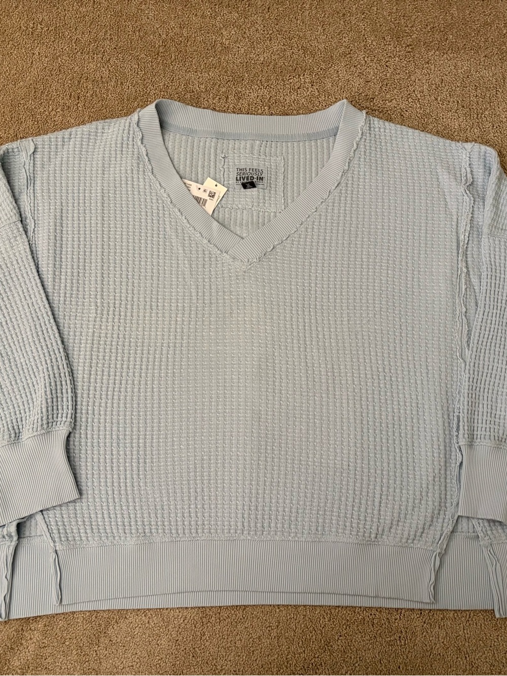 American Eagle Women’s Pale Blue V-Neck Waffle Knit Sweater